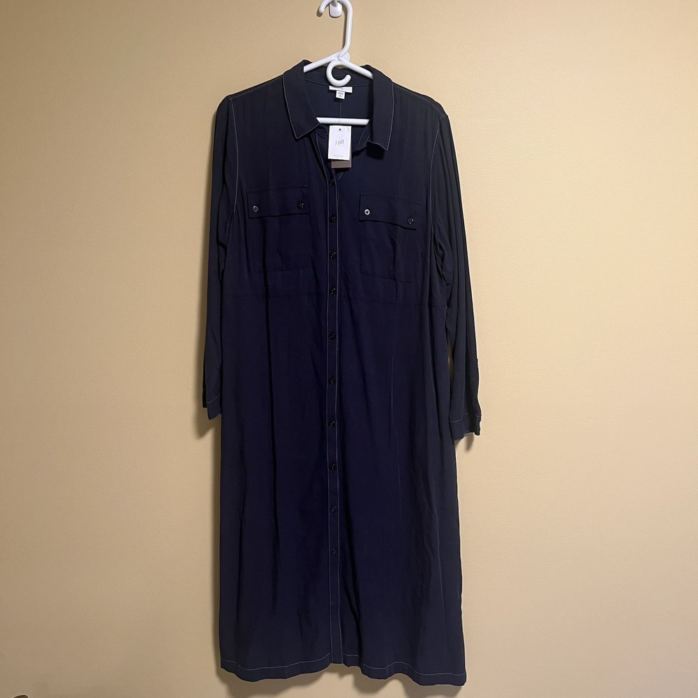J Jill Shirt Dress Women's Size Large Petite Navy  Button Down Long Sleeve NWT